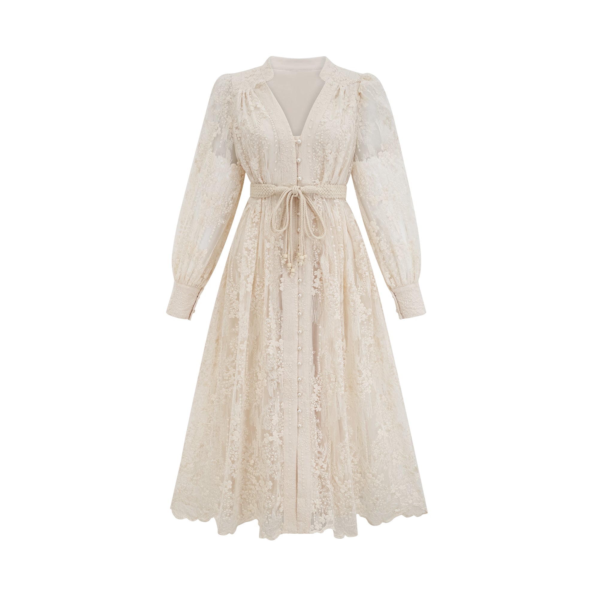 Roxane neutrals lace-embroidered midi dress