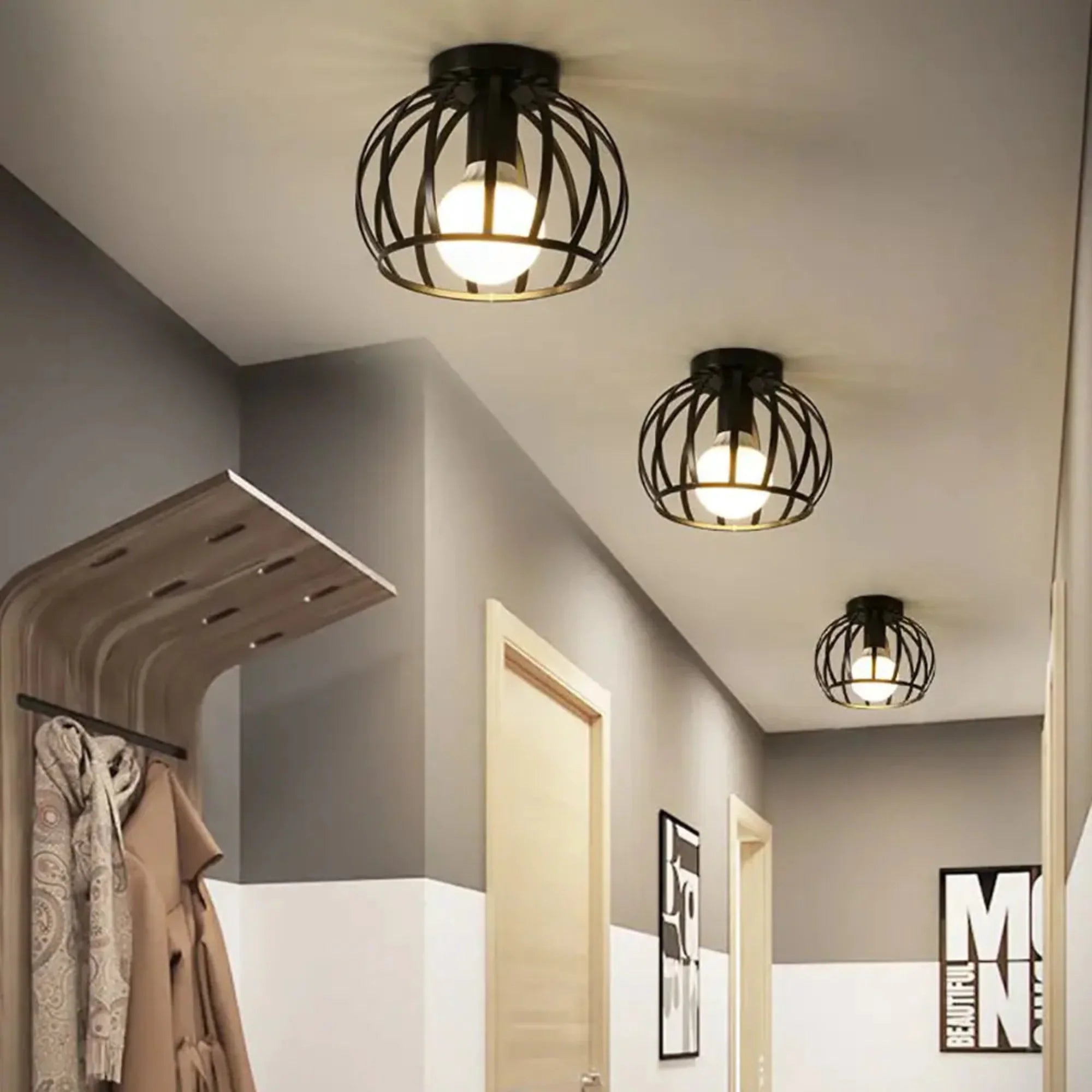 Hallway Vintage Ceiling Lights | Industrial Cage Flush Mount