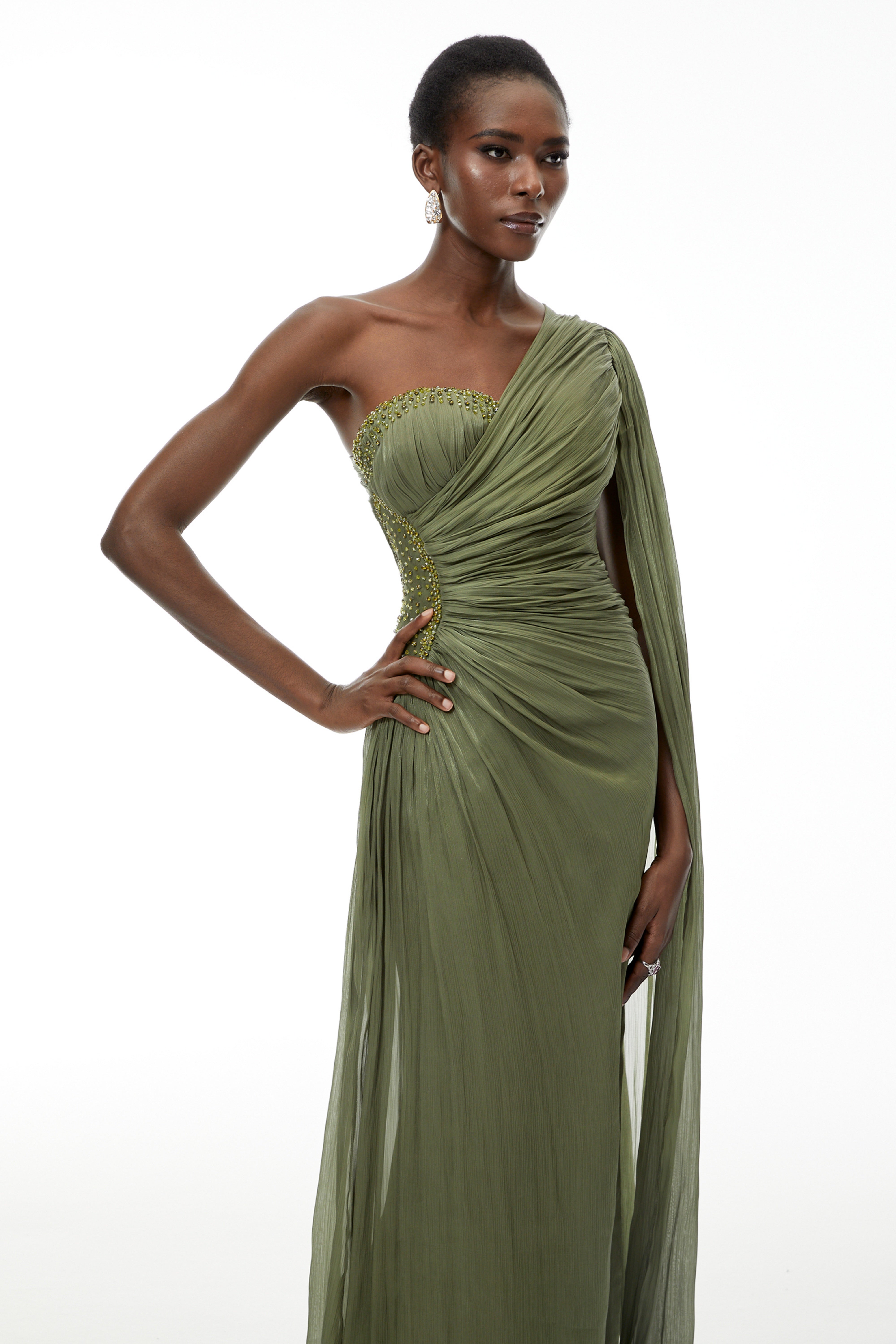 Katrin Green One Shoulder Ruched Maxi Dress