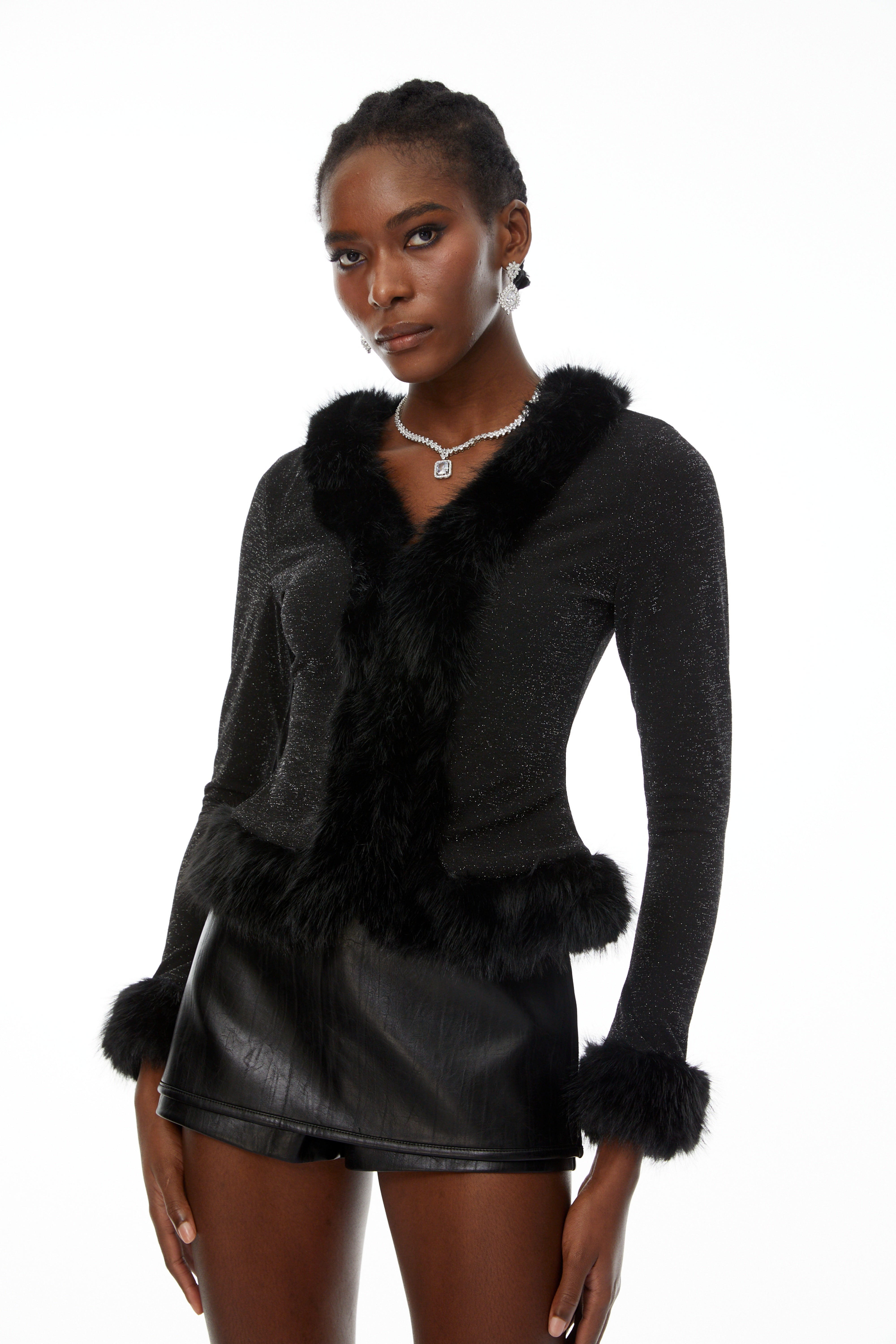 Lindsay Black Fur Trim Sheer Glitter Top