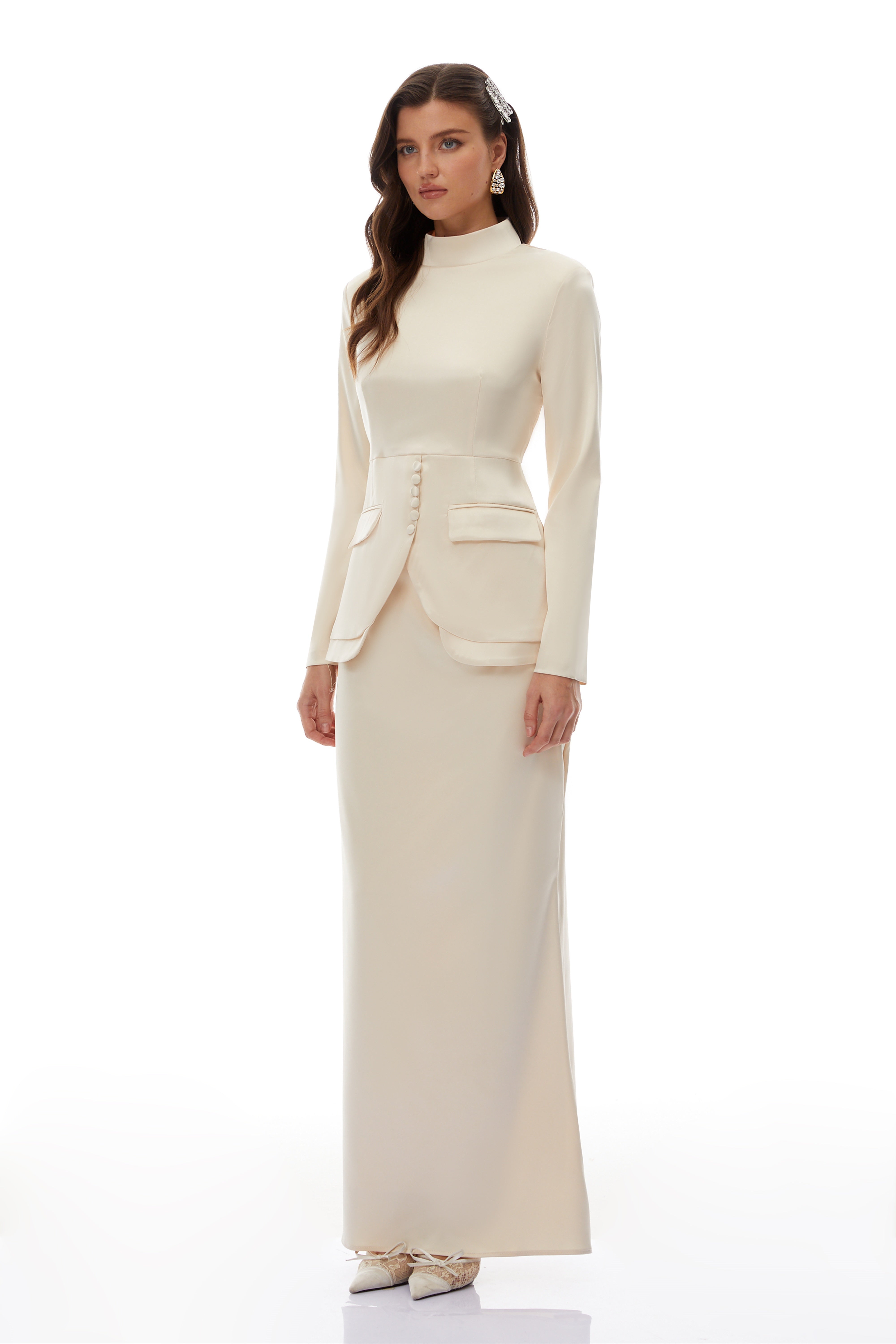 Roxanne Neutral Mock Neck Blouse & Mermaid Skirt Set