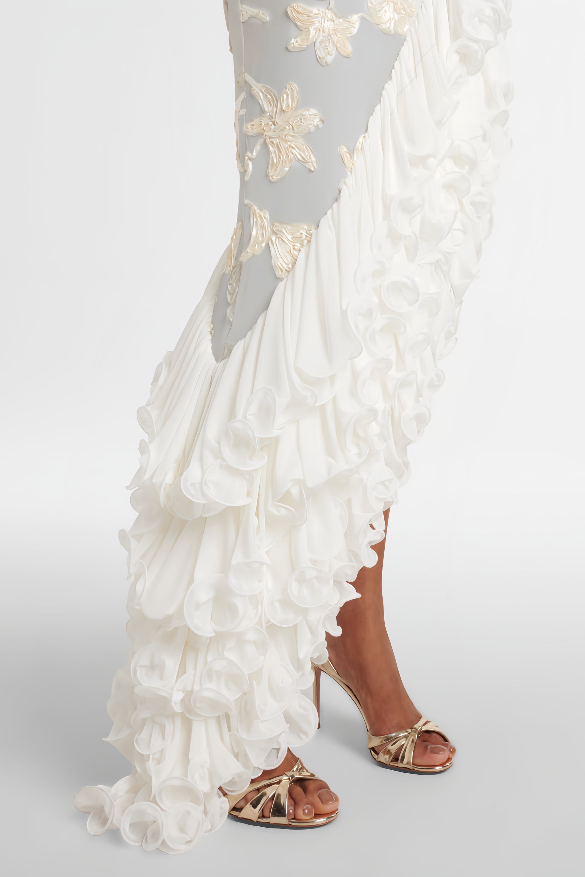 Théoline Neutral Asymmetrical Ruffled Floral Midi Dress