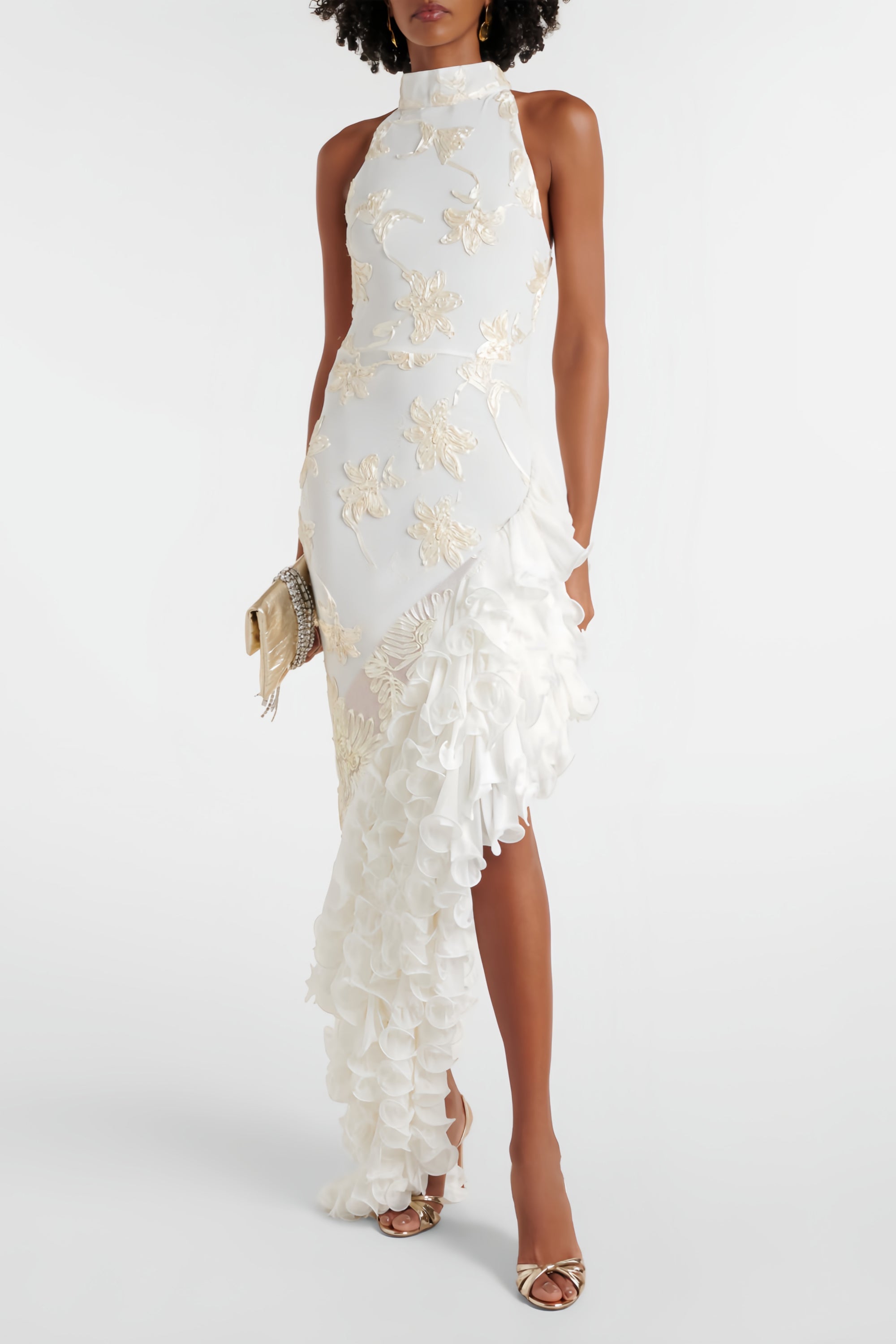 Théoline Neutral Asymmetrical Ruffled Floral Midi Dress