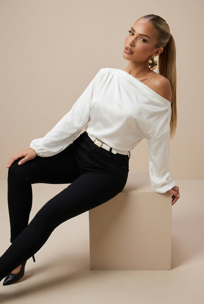 Women's Elegant Draped Skew Neck Long Sleeve Solid Satin Blouse