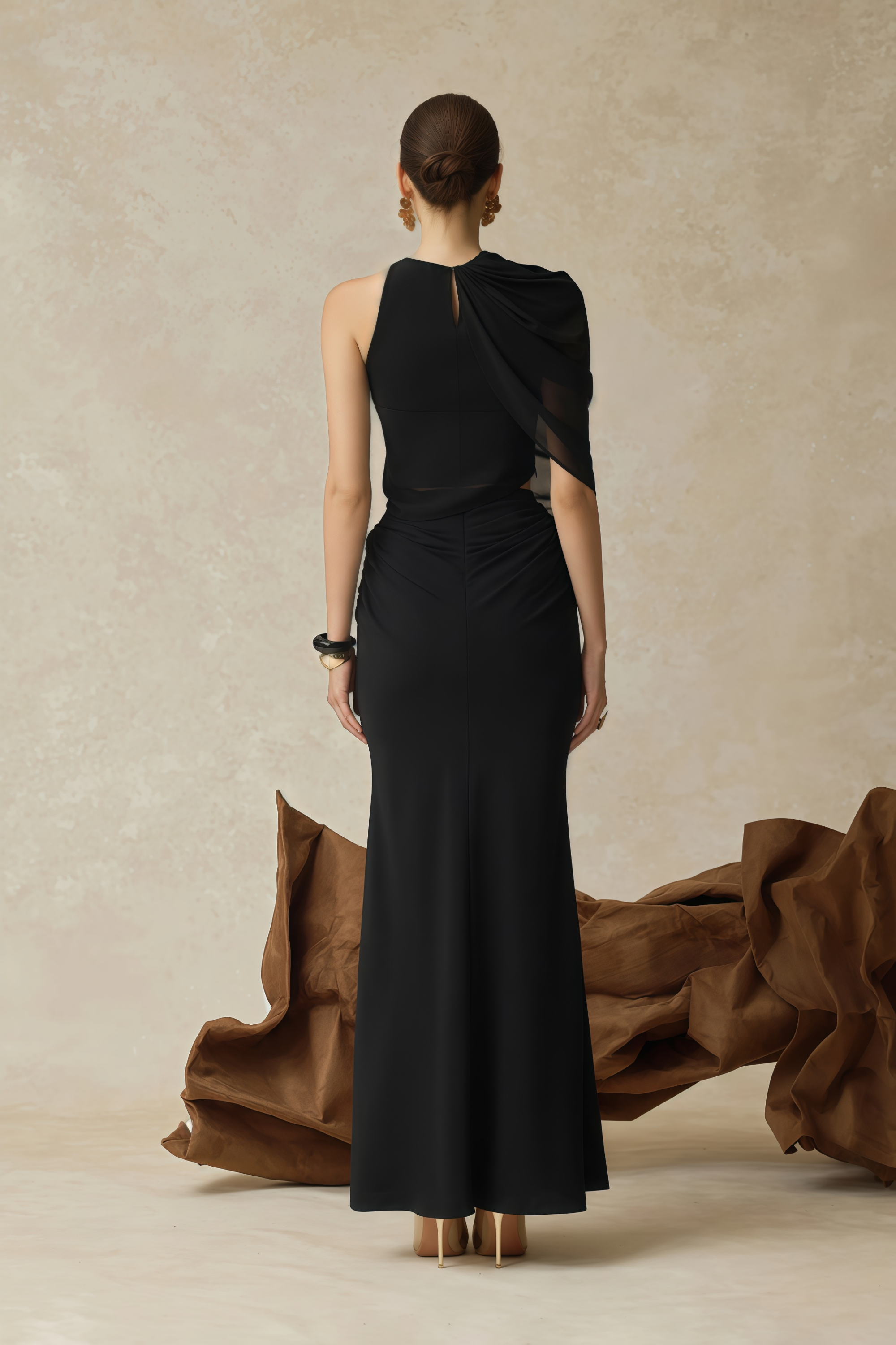 Calypso Black Asymmetrical Ruched Top & Skirt Set