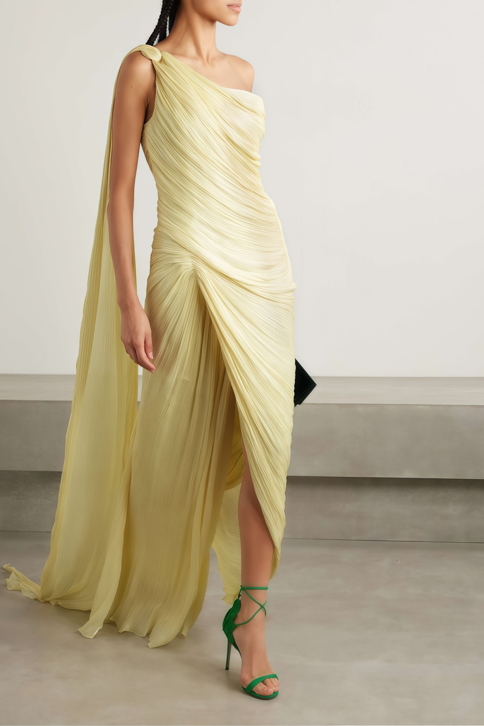 Meissa Yellow Asymmetrical Ruched Maxi Dress