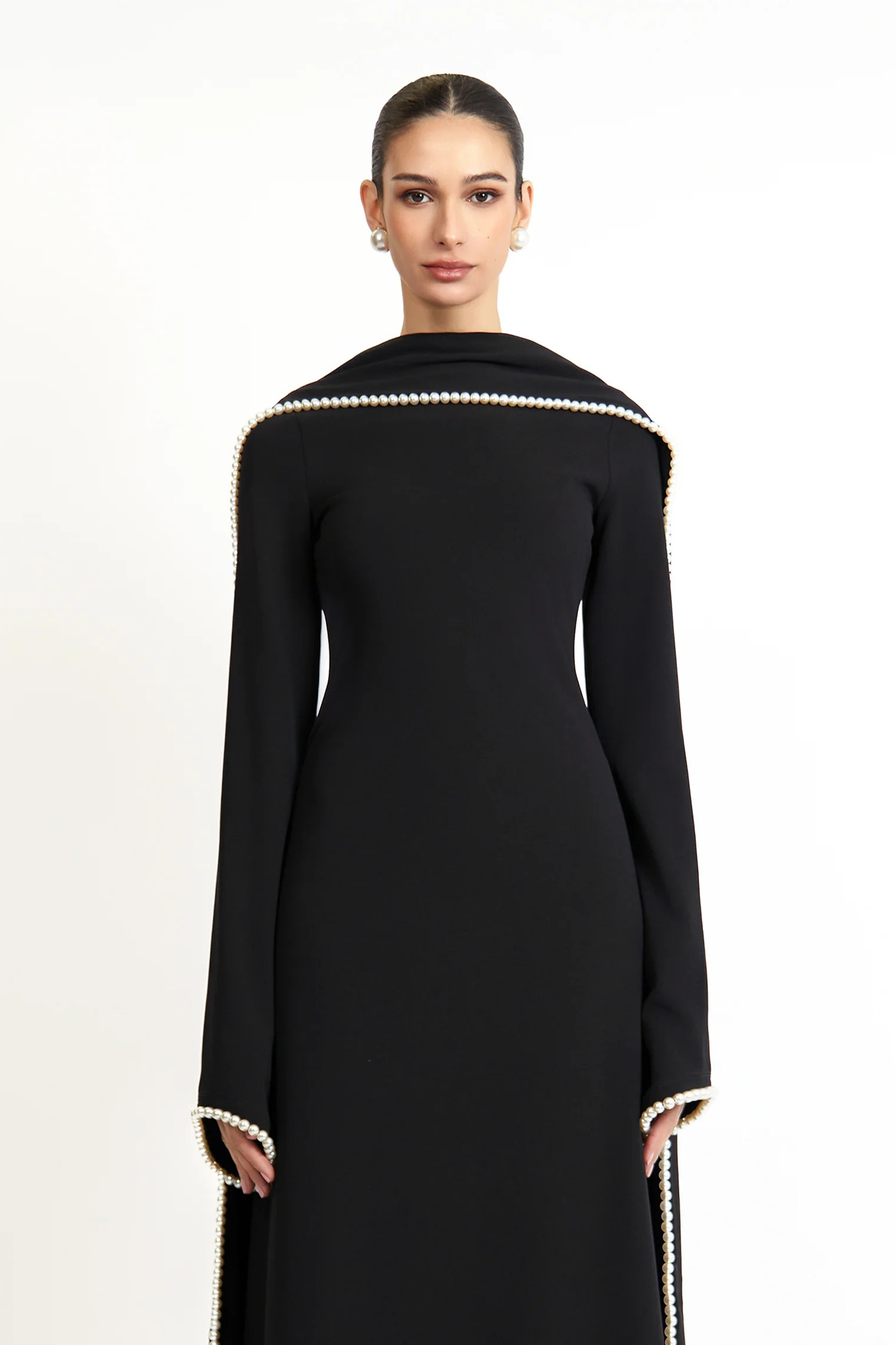Piroska Black Pearl Trim Shawl Detail Maxi Dress