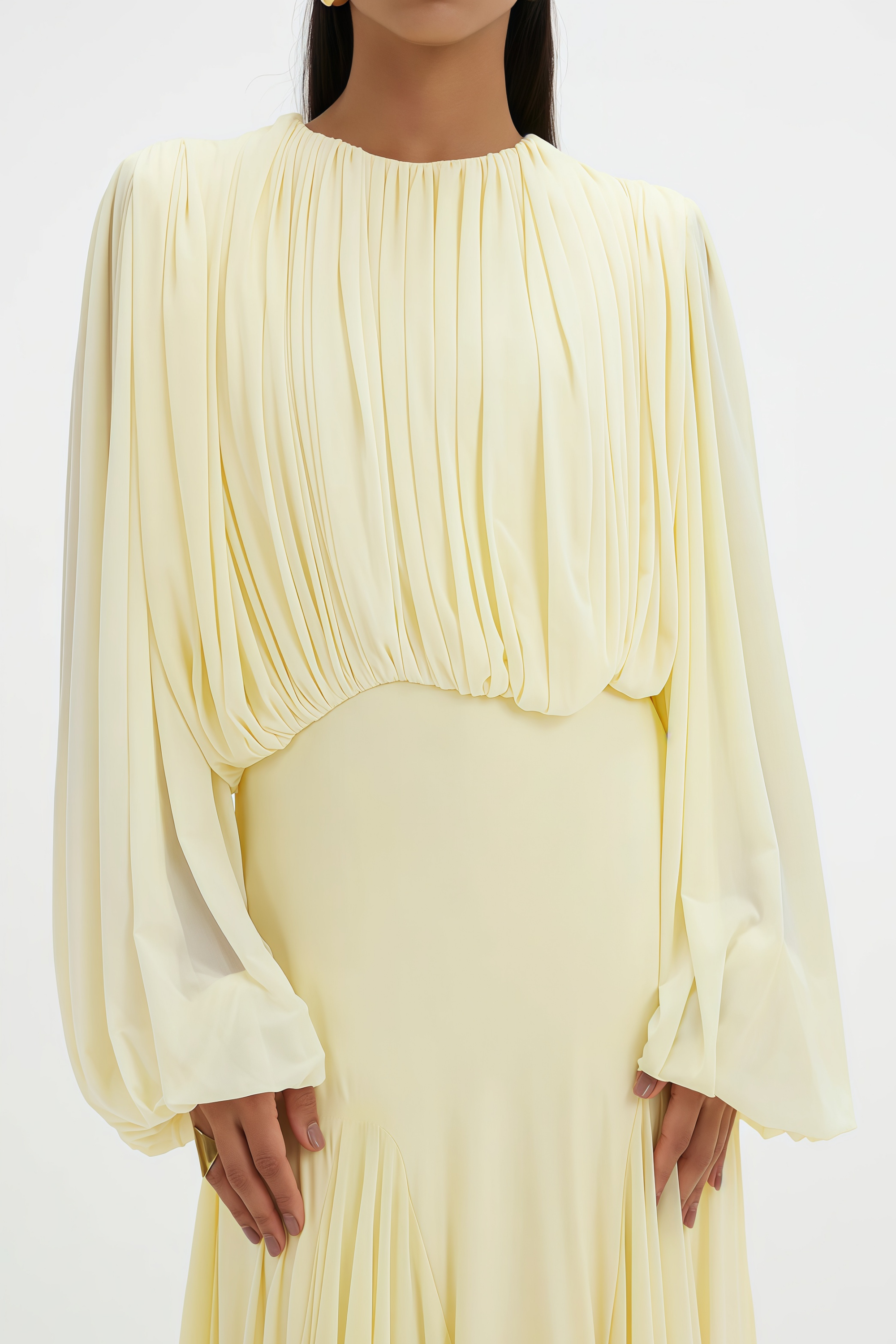 Annabelle Yellow Lantern Sleeve Pleated Maxi Dress