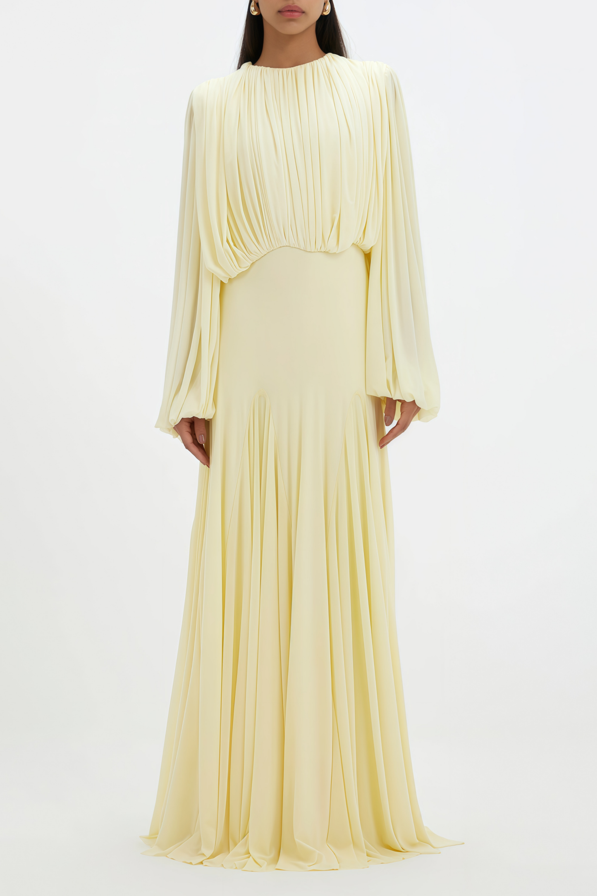 Annabelle Yellow Lantern Sleeve Pleated Maxi Dress